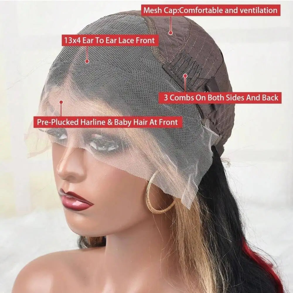 Black Red Blonde Highlight Wig180% Density Blonde Red Highlights 13X4 HD Lace Front Glueless Balayage Wigs Human Hair for Women