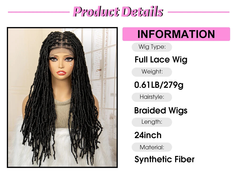 Synthetic Full Lace Locs Braided Wigs for Black Women 24 inches Knotless Box Dreadlock Braids Wig Lace Frontal Braiding Wig