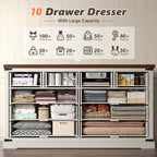 EnHomee 10 Drawer Large Antique Farmhouse wood Dresser and TV Stand with Smooth Metal Rail for Bedroom Storage