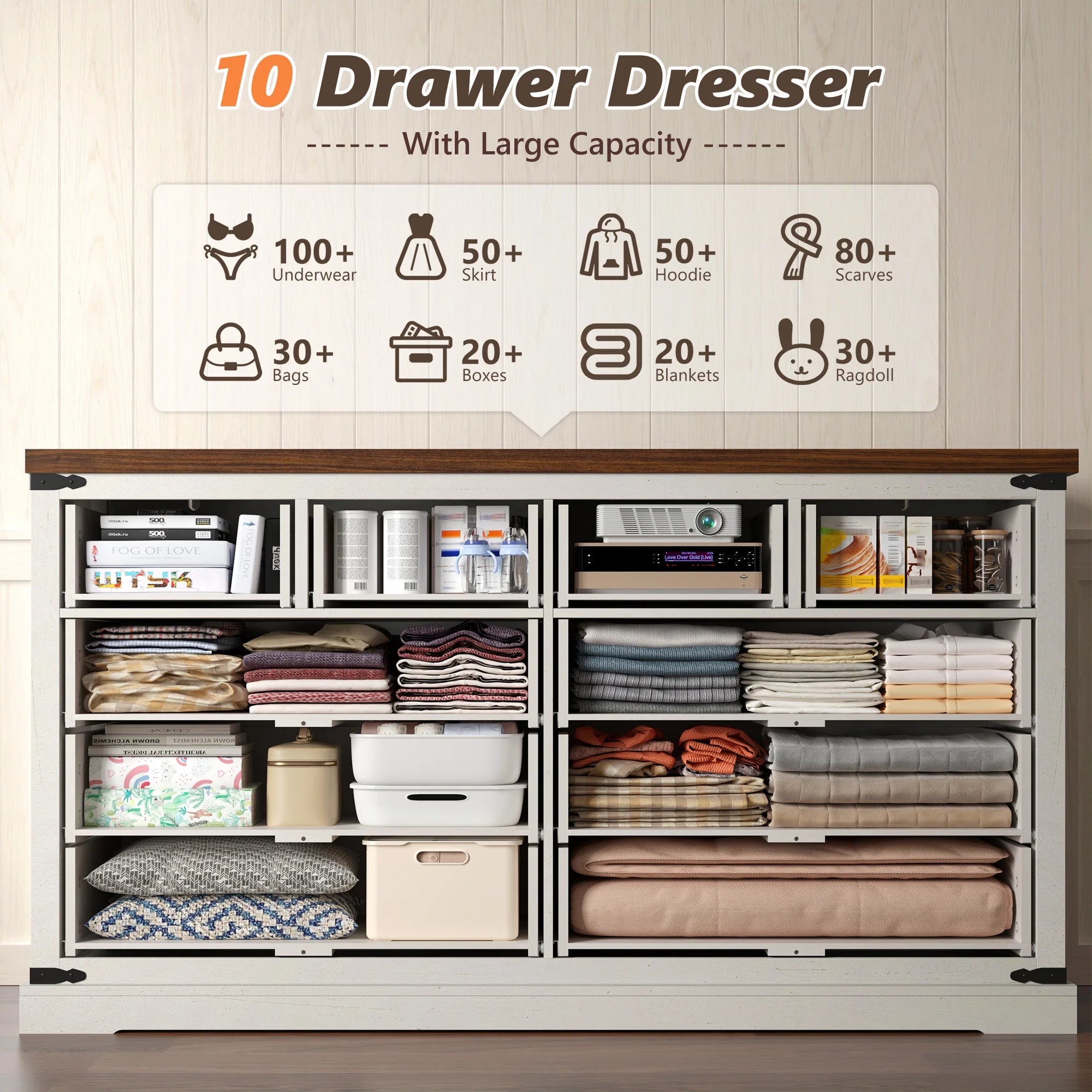 EnHomee 10 Drawer Large Antique Farmhouse wood Dresser and TV Stand with Smooth Metal Rail for Bedroom Storage