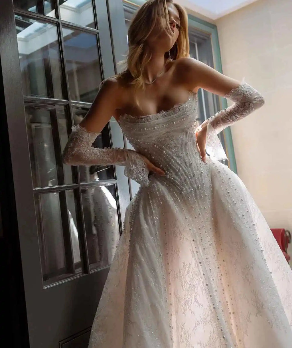 Crystal Mermaid Gown Wedding Dresses Strapless Appliques Evening Prom Dress Special Occasion Gowns Vestido De Noiva Customized
