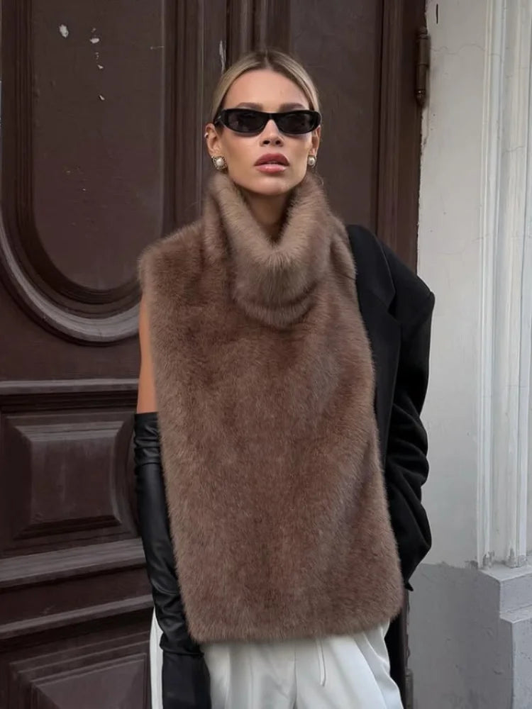 Solid Faux Fur Vest Crop Top Women Fashion Turtleneck Fluffy Short Tank Tops 2025 Winter Female Elegant Sleeveless Jacket Coat Main image