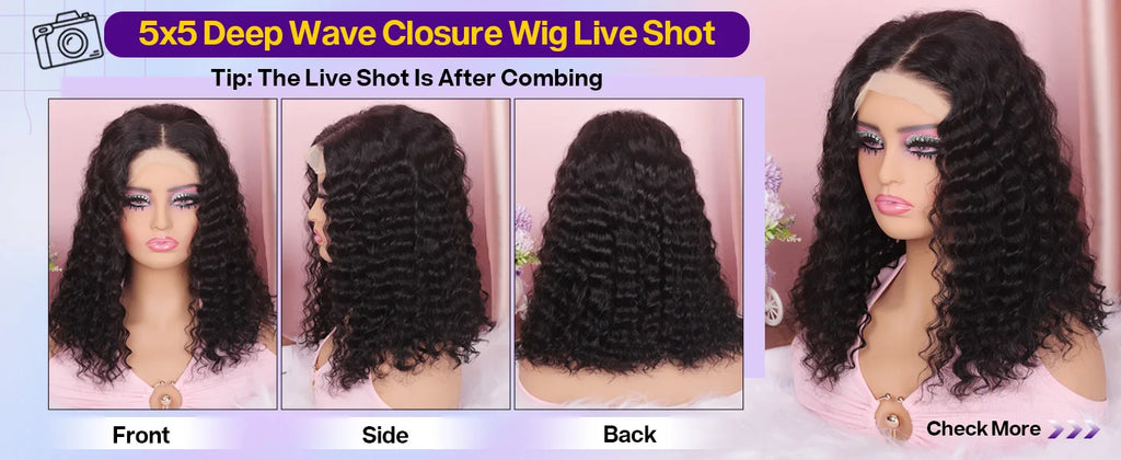 250Density Glueless Short Bob Wig 10 Inch Deep Wave Lace Front Bob Wigs Human Hair 5x5 Glueless Bob Wig Human Hair Ready To Wear