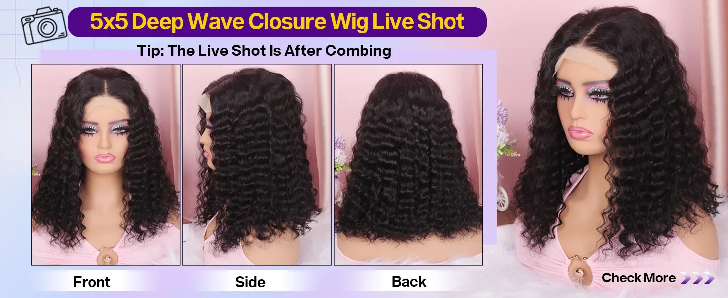 250Density Glueless Short Bob Wig 10 Inch Deep Wave Lace Front Bob Wigs Human Hair 5x5 Glueless Bob Wig Human Hair Ready To Wear