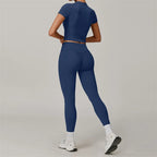 2 Pieces Women Yoga Set Workout Sportswear Gym Clothing Fitness Short Sleeve Crop Top High Waist Leggings Sport Suits