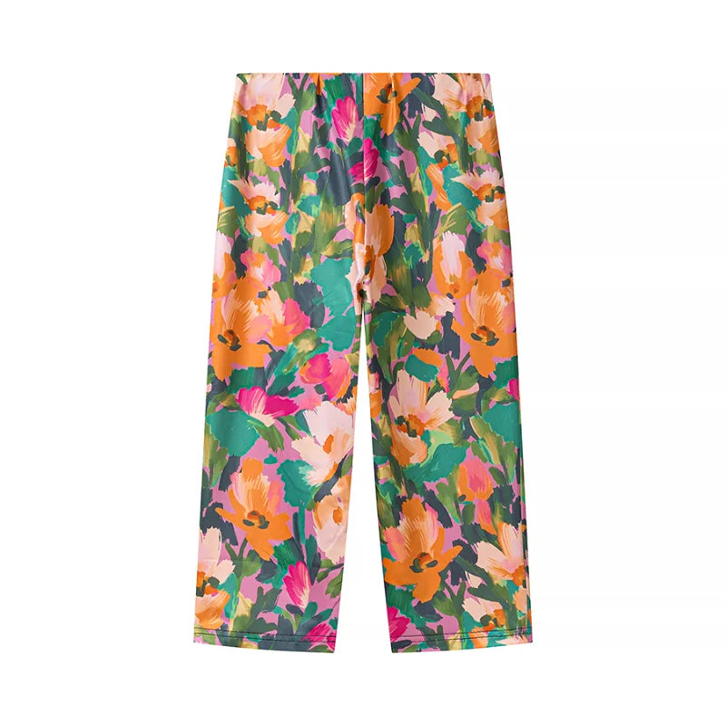 Floral Print Sexy Bodysuit Pant Set Hot Girl Sweetheart Backless Spaghetti Straps Top Elastic Waist Capri Pants Lady Outfit