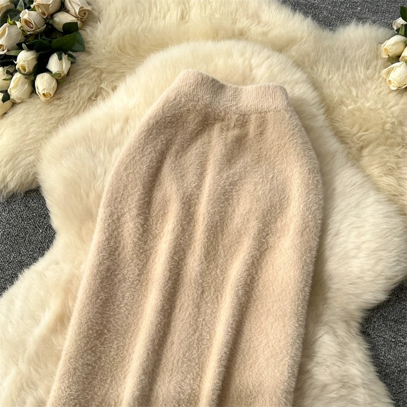 Fluffy Fuzzy Knit Midi Skirt For Women High Waist Slimming Straight Long Skirt Warm Soft Imitation Mink Cashmere Skirt SK604