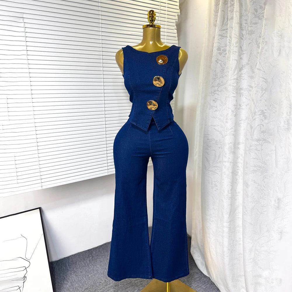 Fashion Denim Women Loungewear Sets Sleeveless Button Tank Tops and Wide Leg Jean Pants Suit 2025/2026 Holiday Outfits 2 Piece Set