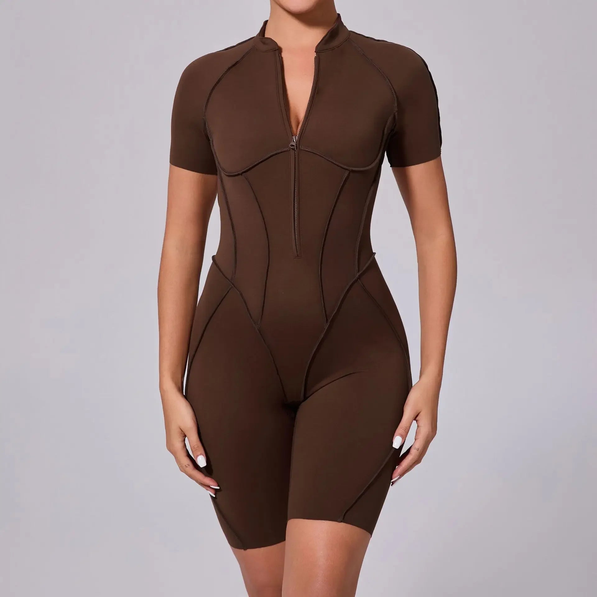 Seamless Yoga Jumpsuits Sports Fitness Zipper Hip-lifting Short-sleeved Backless Dance Workout Gym Shorts Bodysuits for Women