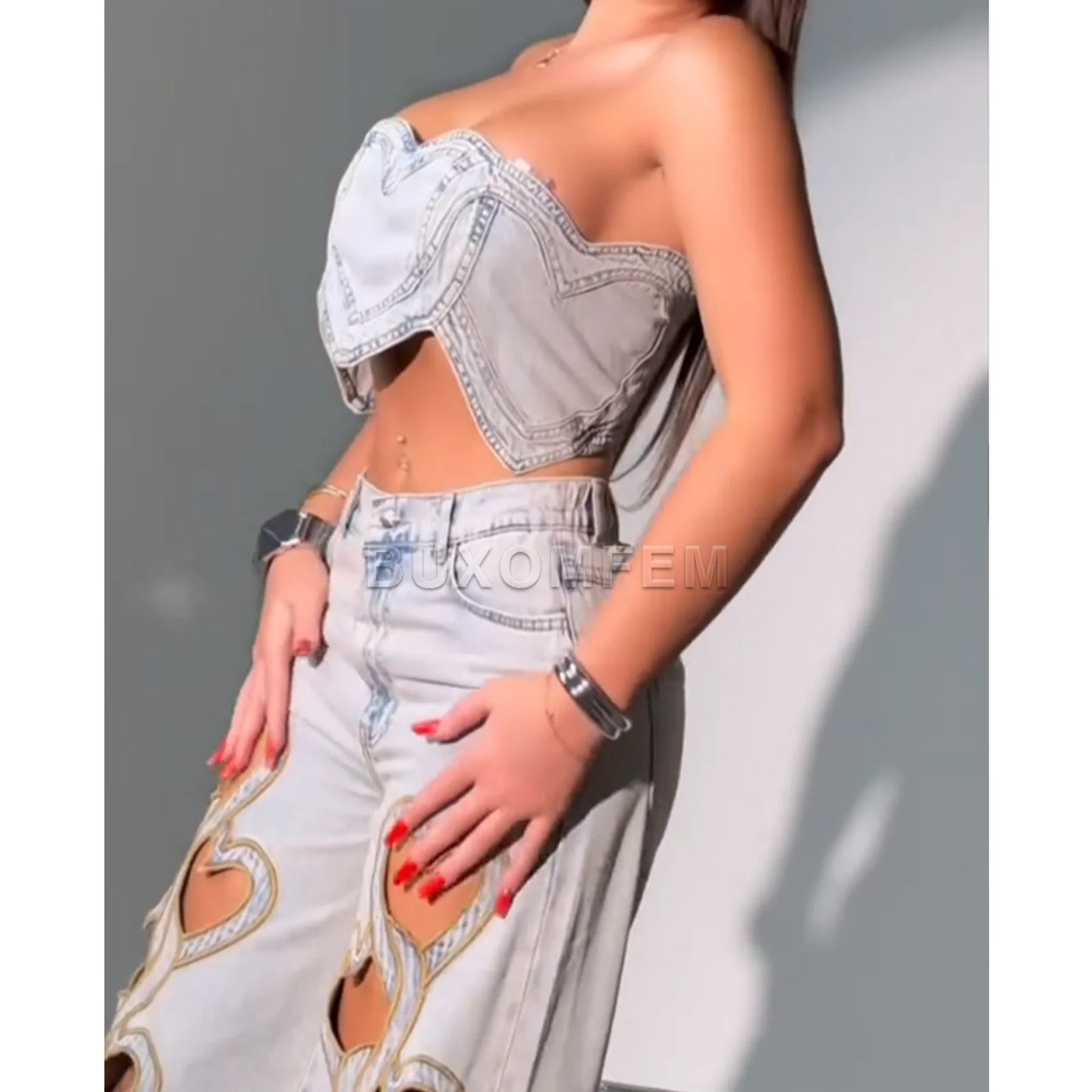 High Waisted Heart-Shaped Hollow Straight Leg Jeans Set Women's Loose Jeans Streewear Stylish Wide Leg Trousers Denim Pants