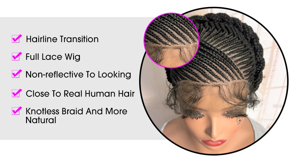 Short Full Lace Braiding Wig Synthetic Cornrow Knotless Box Braided Wigs Natural African Bantu Braids Wig for Black Women