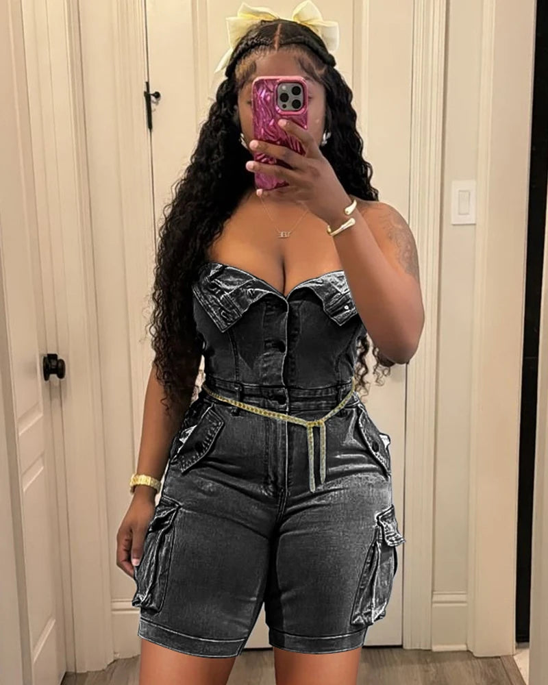 Sexy Strapless Button up Denim Romper Women Short Overalls 2025 Summer Street Casual Sleeveless Cargo Jean Jumpsuit with Pockets Main image