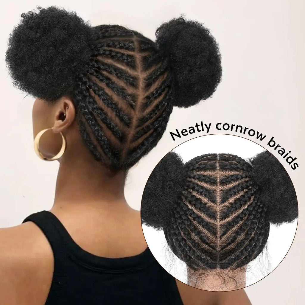 6 Inch Afro Cornrow Braided Wigs with Baby Hair Synthetic Full Lace Braid Wig Double Ponytail Bun Head Knotless Wig