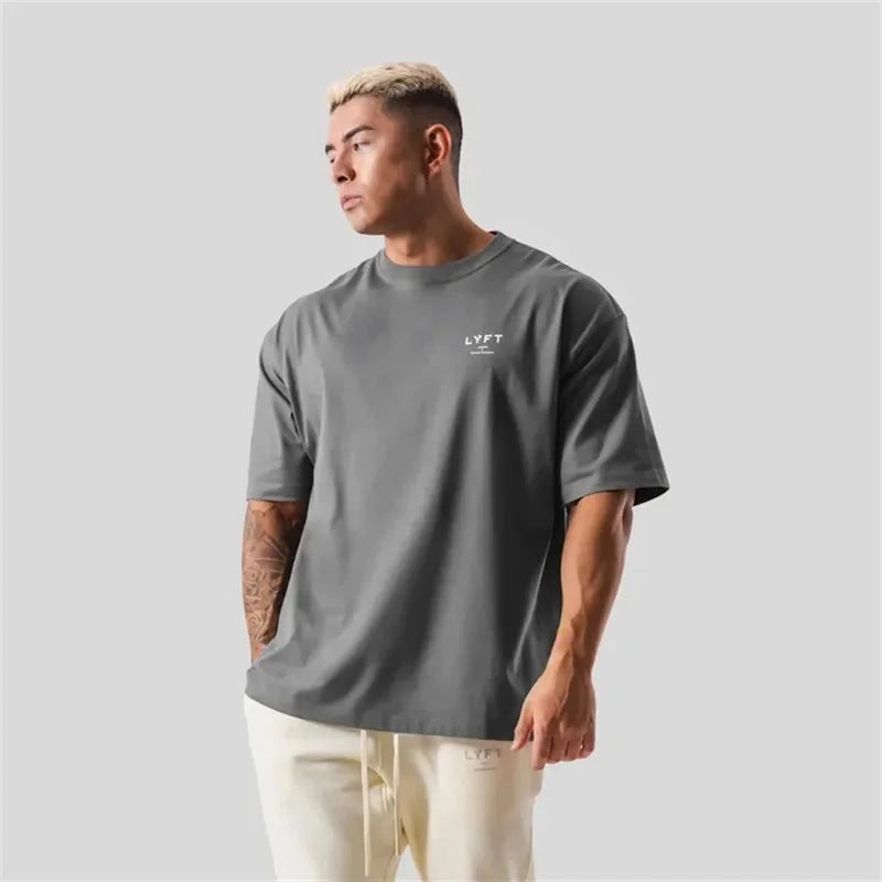 ONE POINT LYFT Print Big T Shirt Men Running Sport Gym Fitness Training Oversize 100% Cotton T-shirt Mens Bodybuilding Tee Tops
