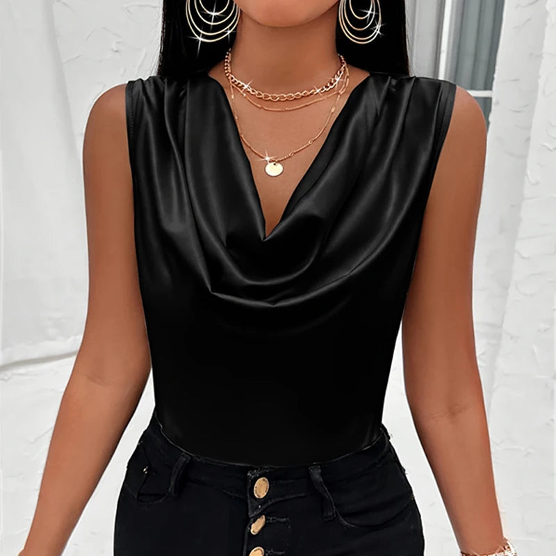 Basic Women Silk-Like Satin Tank Tops Vest Summer Sexy Camis Tank For Ladies Strappy Camisole Top Shirts Grunge Femme Cowl Neck