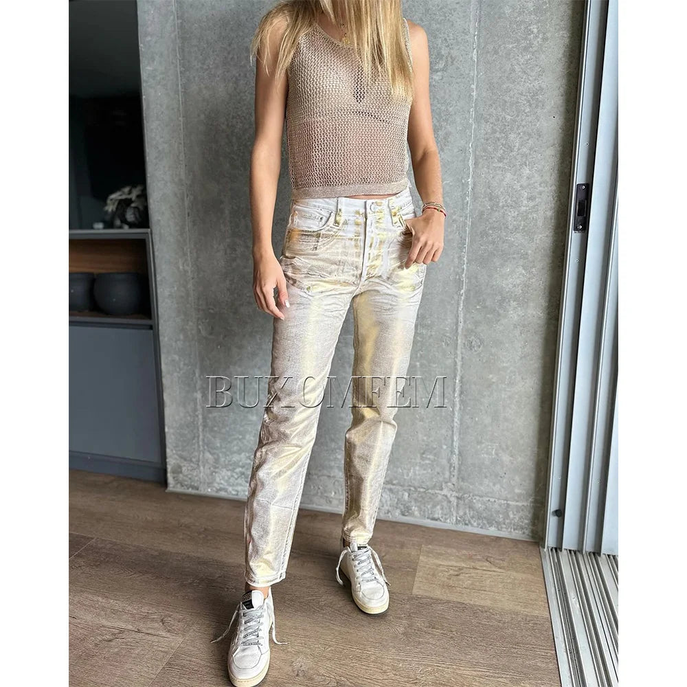 New Vintage Jeans Straight Wide Leg Jeans Female Summer New Fashion Silver Gold Women Metallic Denim Pants Streetwear Style Secondary image