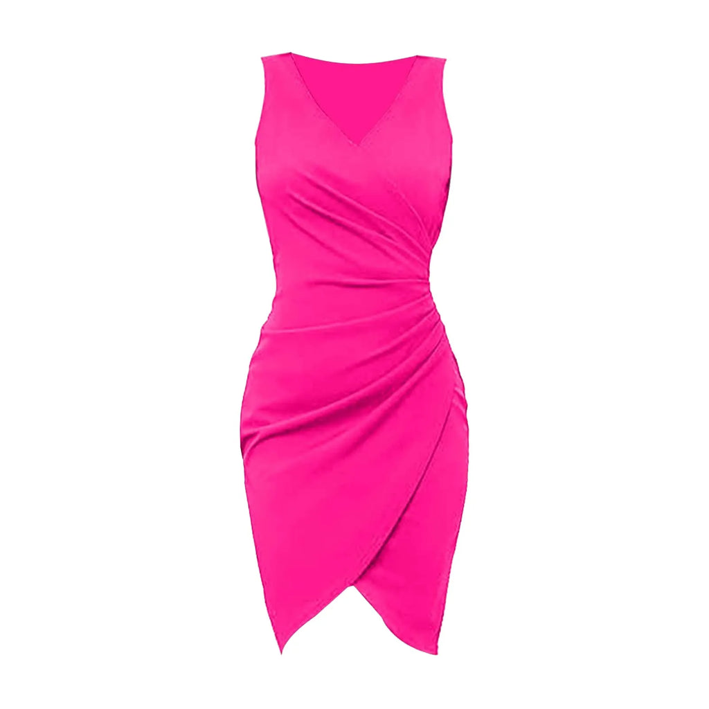 Summer Sexy Solid Sleeveless V-Neck Women Dress Hip Slim Fit Ruched Bodycon Skirt Fashion Simple Ladies Evening Party Dress