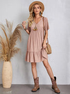 Elegant Solid V Neck A Line Dress 2024 New Summer Ruffles Loose Mini Dress Casual Short Sleeve Beach Party Vestidos Streetwear
