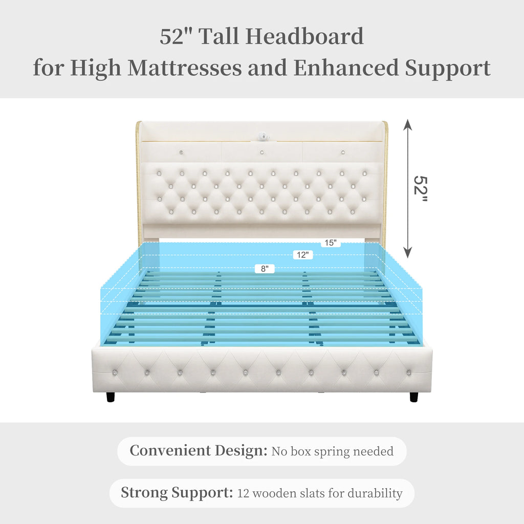 LED Bed Frame with Galaxy Star Projector, Platform Bed with Charging Station, 52" Wingback Storage Headboard, No Box Spring