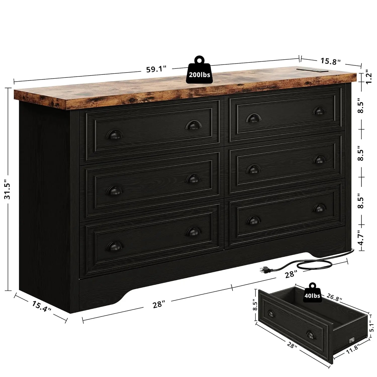 59" 6 Drawers Dresser for Bedroom, Power Strip, Farmhouse Large Wood Dressers & Chest of Drawers with Wide Storage, Customized Secondary image