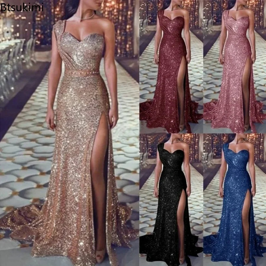 2026 Women's Wedding Party Dress Evening Elegant Sexy Deep V Neck One Shoulder Sleeveless Sequined Long Maxi Dresses For Women Main image