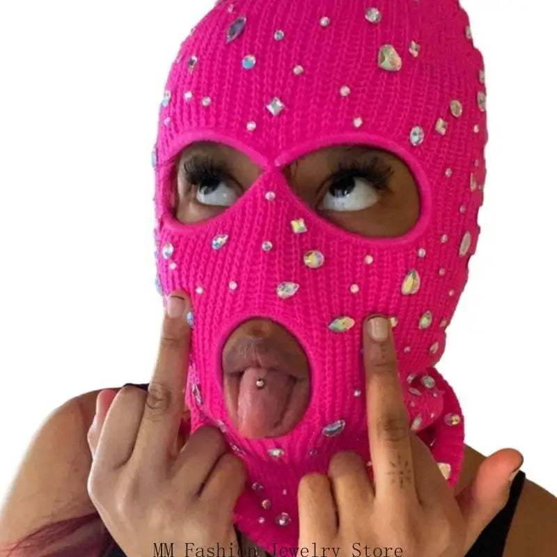 D0UB Knitted Hooded Face Cover Encrusted Halloween Cosplay Balaclava Outdoor