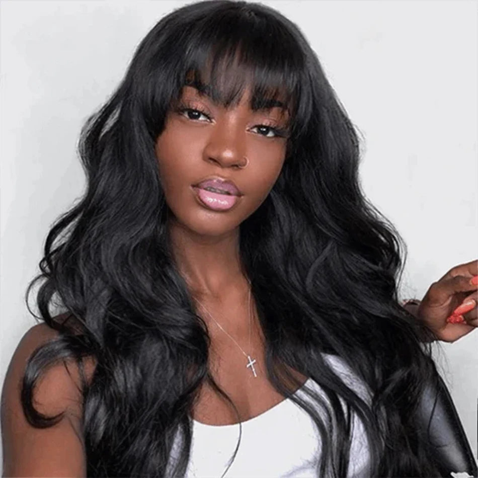 FUGANGXIU-12A Body Wave Human Hair Wig With Bang Full Machine Made Glueless Wear And Go Brazilian Virgin Hair Natural Color