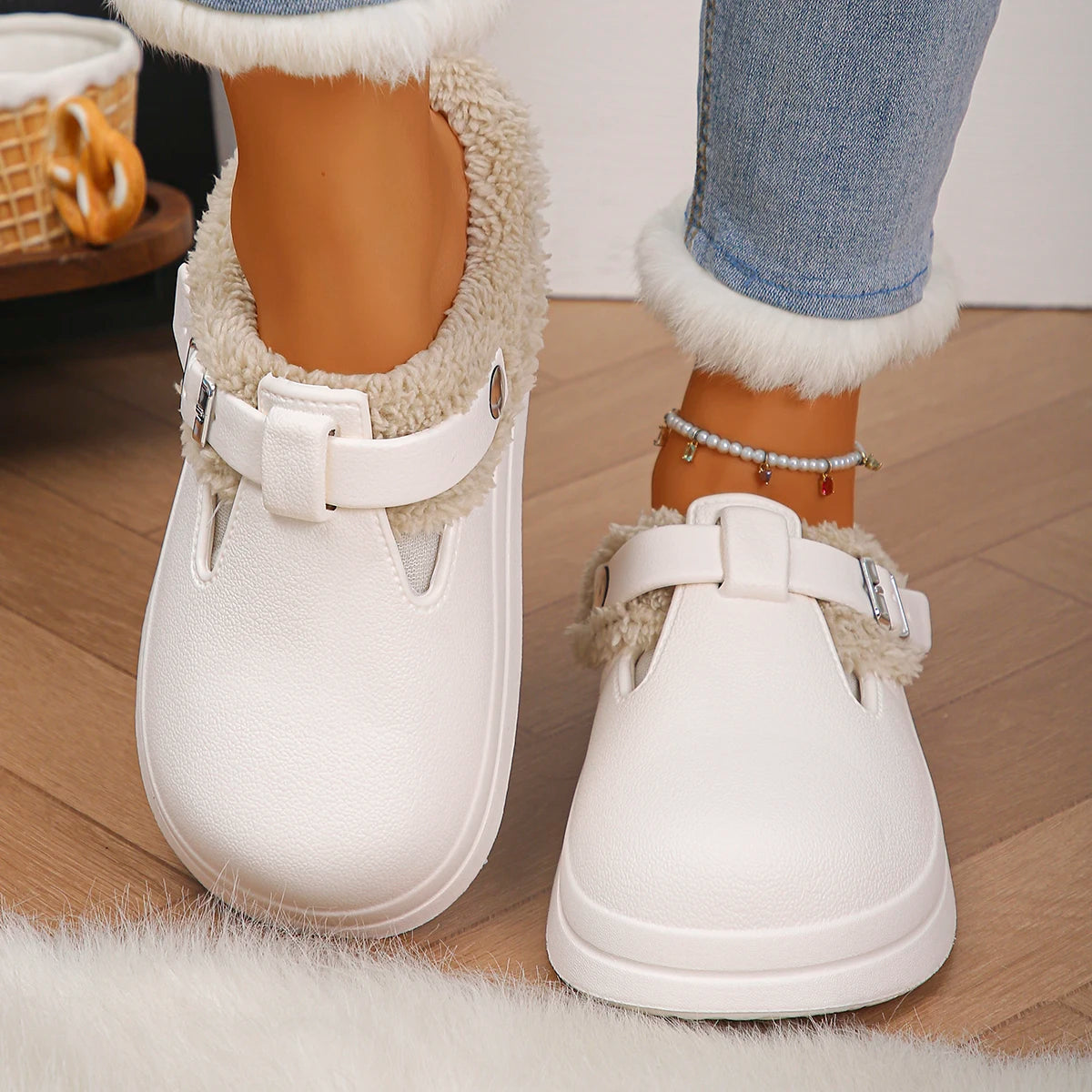 Waterproof Eva Furry Mules Slippers Women 2025 Winter Metal Buckle Warm Plush Slippers Soft Thick Bottom Non Slip Indoor Slides Secondary image