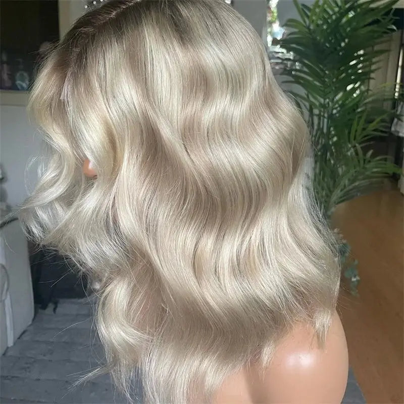 Honey Platinum Blonde Lace Frontal Wigs 13x4 Short Medium Woman"s Wig Glueless Loose Deep Synthetic Hair Mix 5% Human Hair