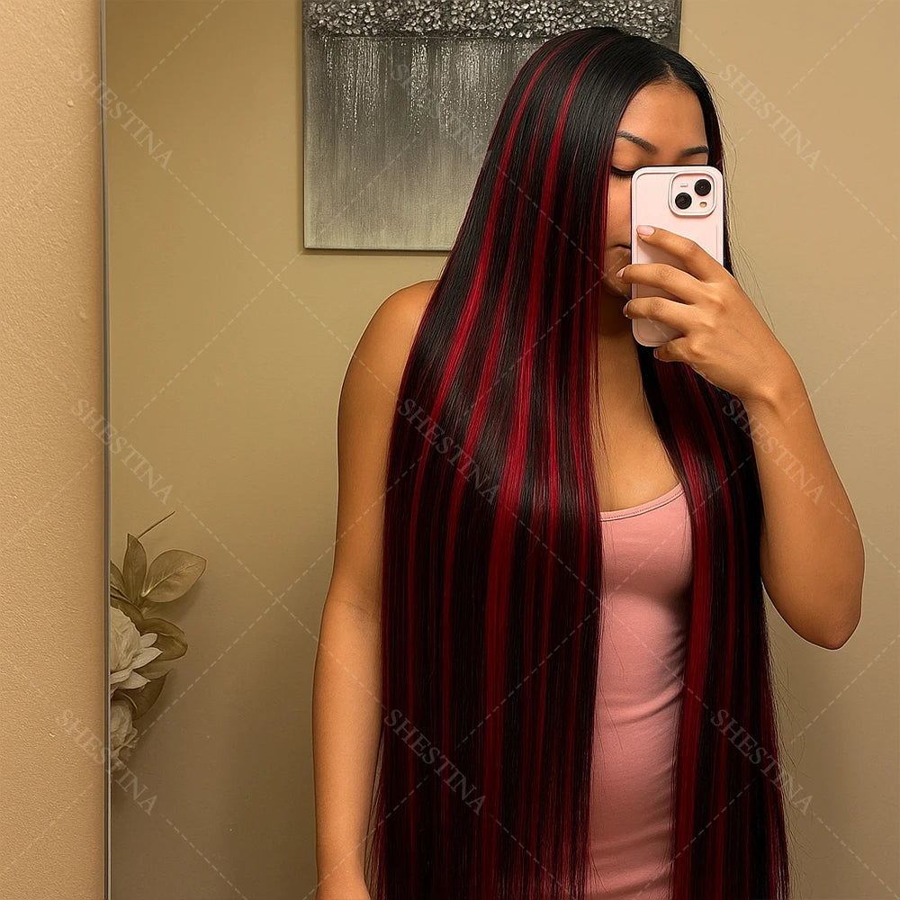 Black With Red Blonde Highlight Bone Straight Wig 5x5 Glueless Wig Human Hair Ombre Burgundy Colored Preplucked Wig Wear and Go