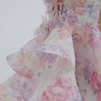Elegant Floral Print Puff Sleeve Ball Gown Mini Dress Women 3D Flower V-neck Summer Beach Dresses Chic Holiday Evening Vestidos