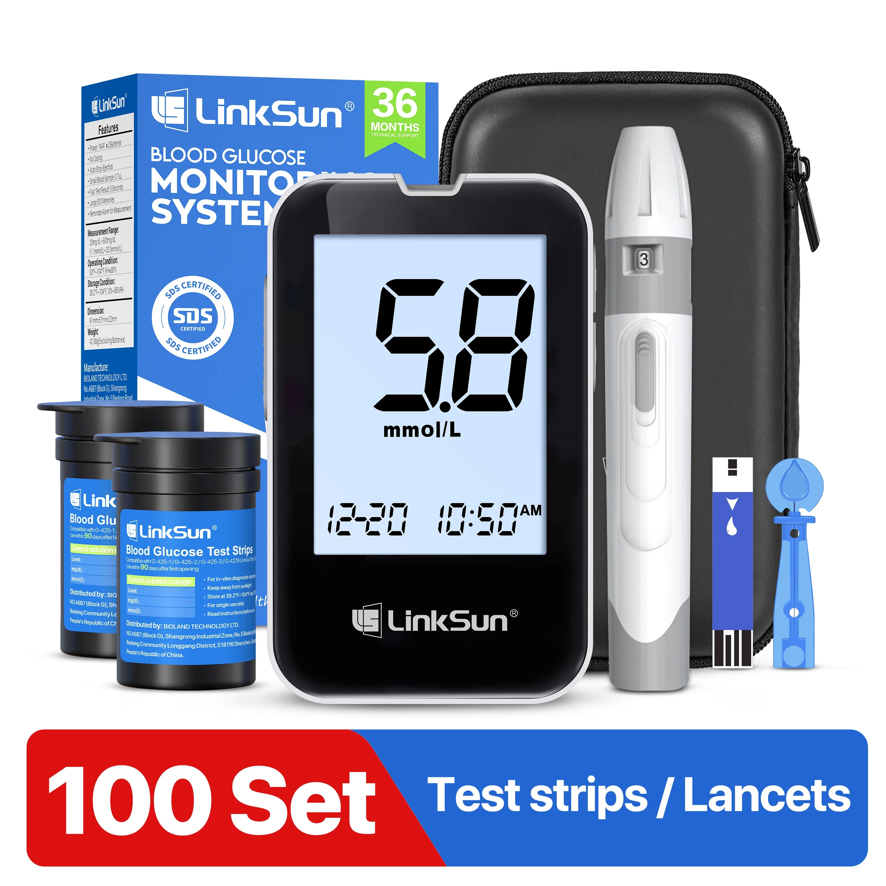 LinkSun G-425-1 Blood Glucose Meter Kit 50/100pcs Test Strips Lancets for Diabetes Monitor Digital Glucometer Blood Sugar Meter