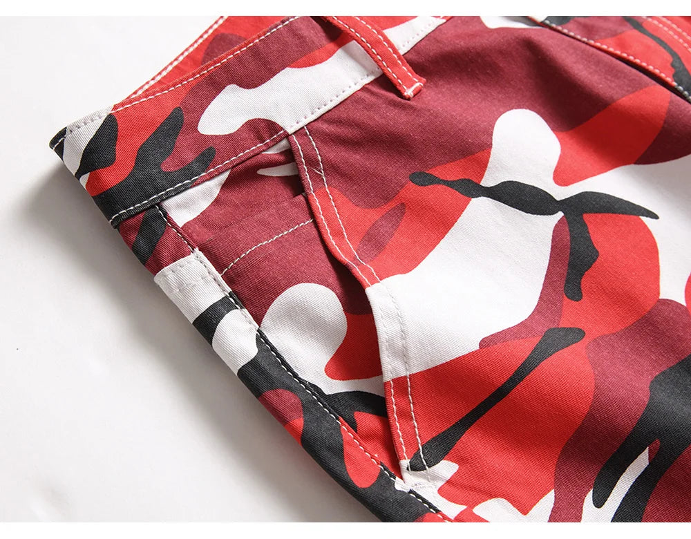 Men Red Camouflage Print Jeans Casual Slim Straight Pants Contrast Color Streetwear Trousers