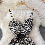 Leopard Print V-neck Sexy Bodycon Mini Dress Women Fashion Spring Autumn Sleeveless Cut Out Waist Backless Party Velvet Dresses