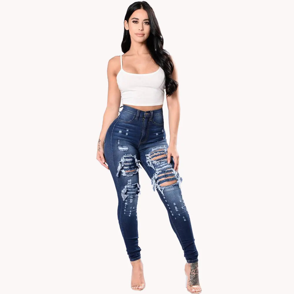 2026 New High Waist Ripped Slim Fit Jeans For Women Fashion High Stretch Skinny Denim Pencil Pants Casual Female Clothing S-3XL