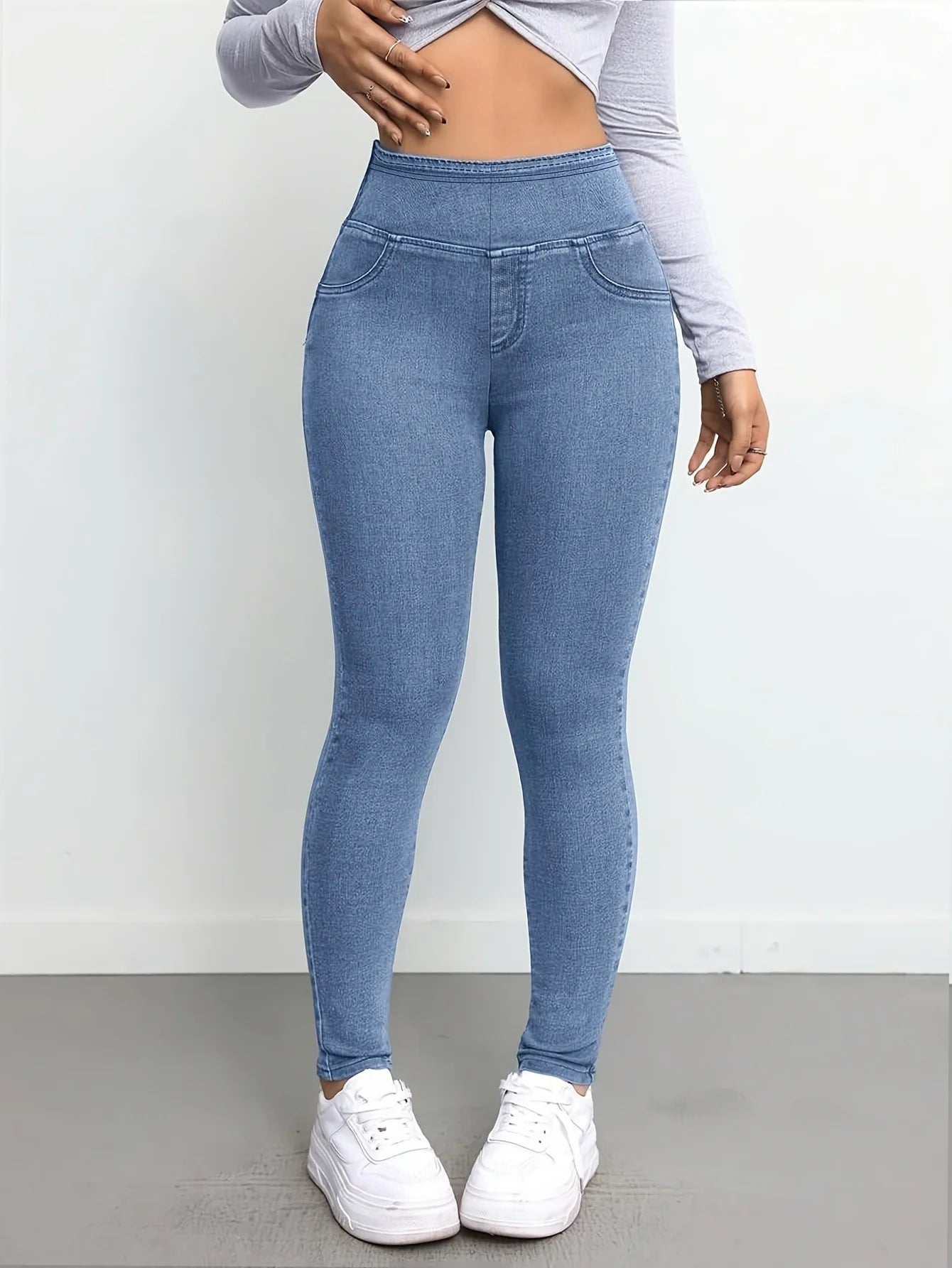 Women's Slim Fit Autumn Leggings with Full Length Denim-Look Floral Print Casual and Comfortable Workout Pants Main image
