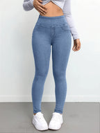 Women's Slim Fit Autumn Leggings with Full Length Denim-Look Floral Print Casual and Comfortable Workout Pants