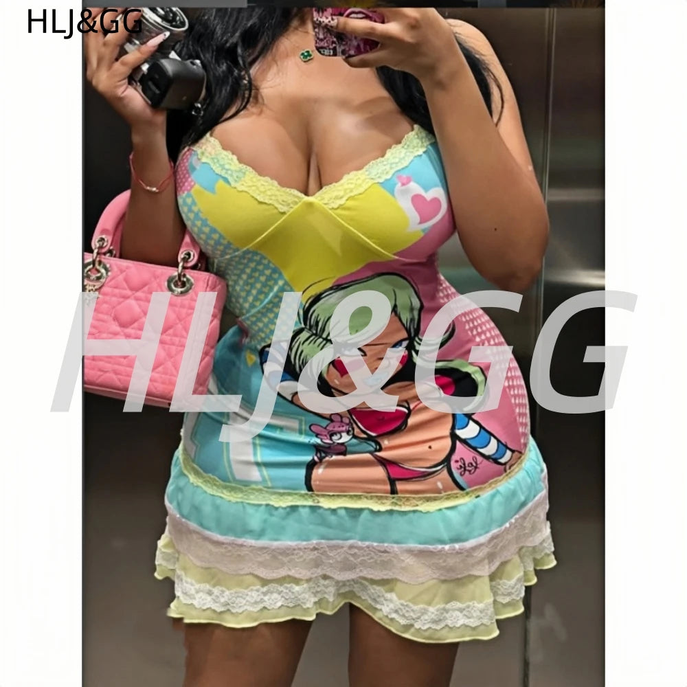 HLJ&GG Y2K Fashion Lace Splicing Bodycon Spaghetti Strap Mini Dresses Women Sleeveless Backless V Neck Slim Vestidos Streetwear Secondary image