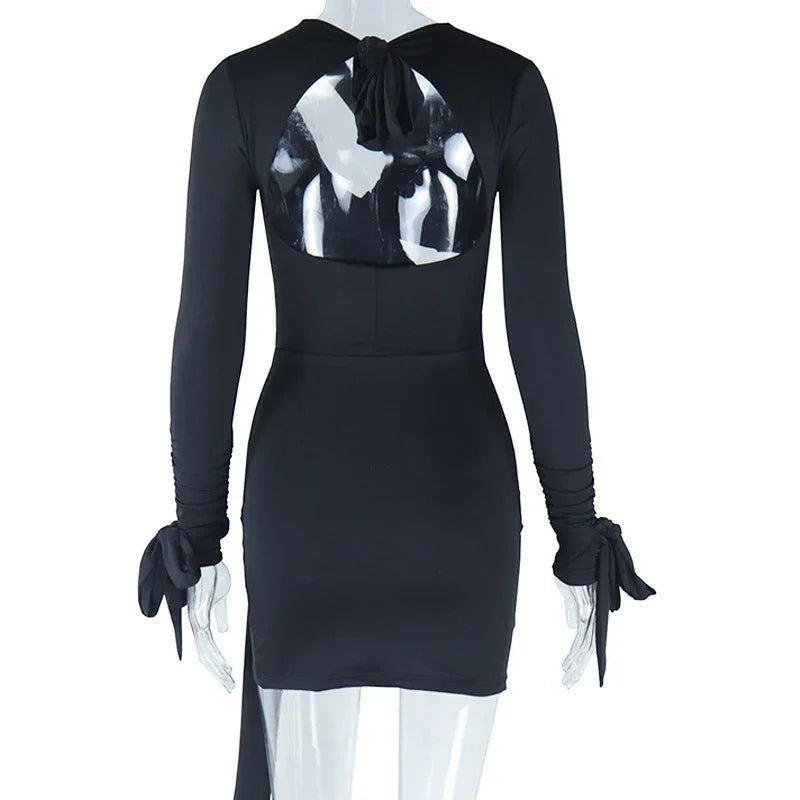 Elegant Black White Bodycon Dresses for Woman Long Sleeve Hollow Out Lace-Up Backless Bandage Party Dress Club Vestido Branco