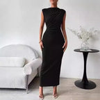 Women Plus Size Elegant Ruched Bodycon Dress Euro Sexy Sleeveless Layering Stretchy Coat Inner Party Outfit Fashion Basic Dress