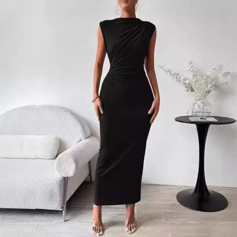 Women Plus Size Elegant Ruched Bodycon Dress Euro Sexy Sleeveless Layering Stretchy Coat Inner Party Outfit Fashion Basic Dress