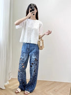 Summer Women Jeans Floral Embroidery Straight Trousers Designer Streetwear Casual Hollow Out Vintage High Waist Denim Long Pants