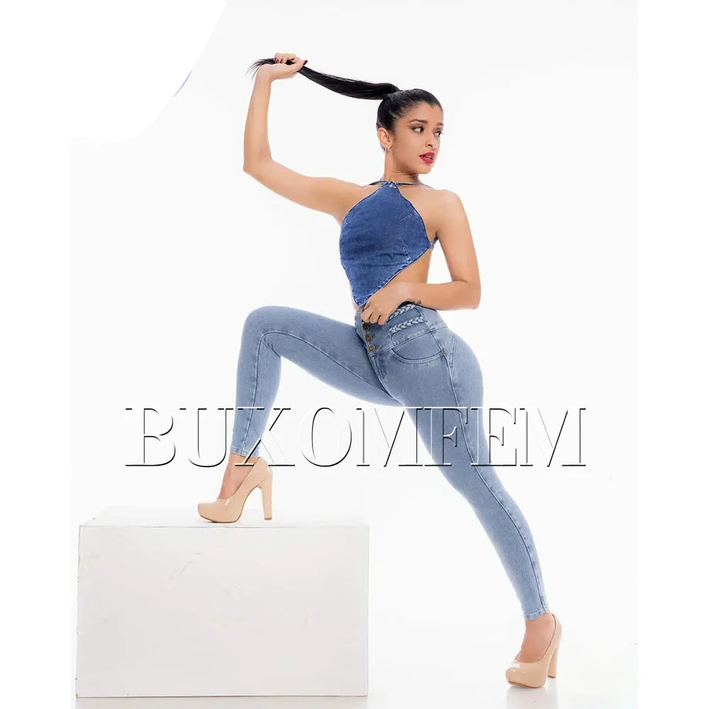 Fashion High Waist Sexy Skinny Stretch Jeans for Women Button Fly Straight Leg Pencil Pants Wrap Hips Trousers Y2K Streetwear