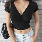 New Summer Black Sexy V-neck T-shirt Short Sleeve Y2k Crop Top Women Clothes Streetwear Korean Fashion Corset Tops Tshirts 2026