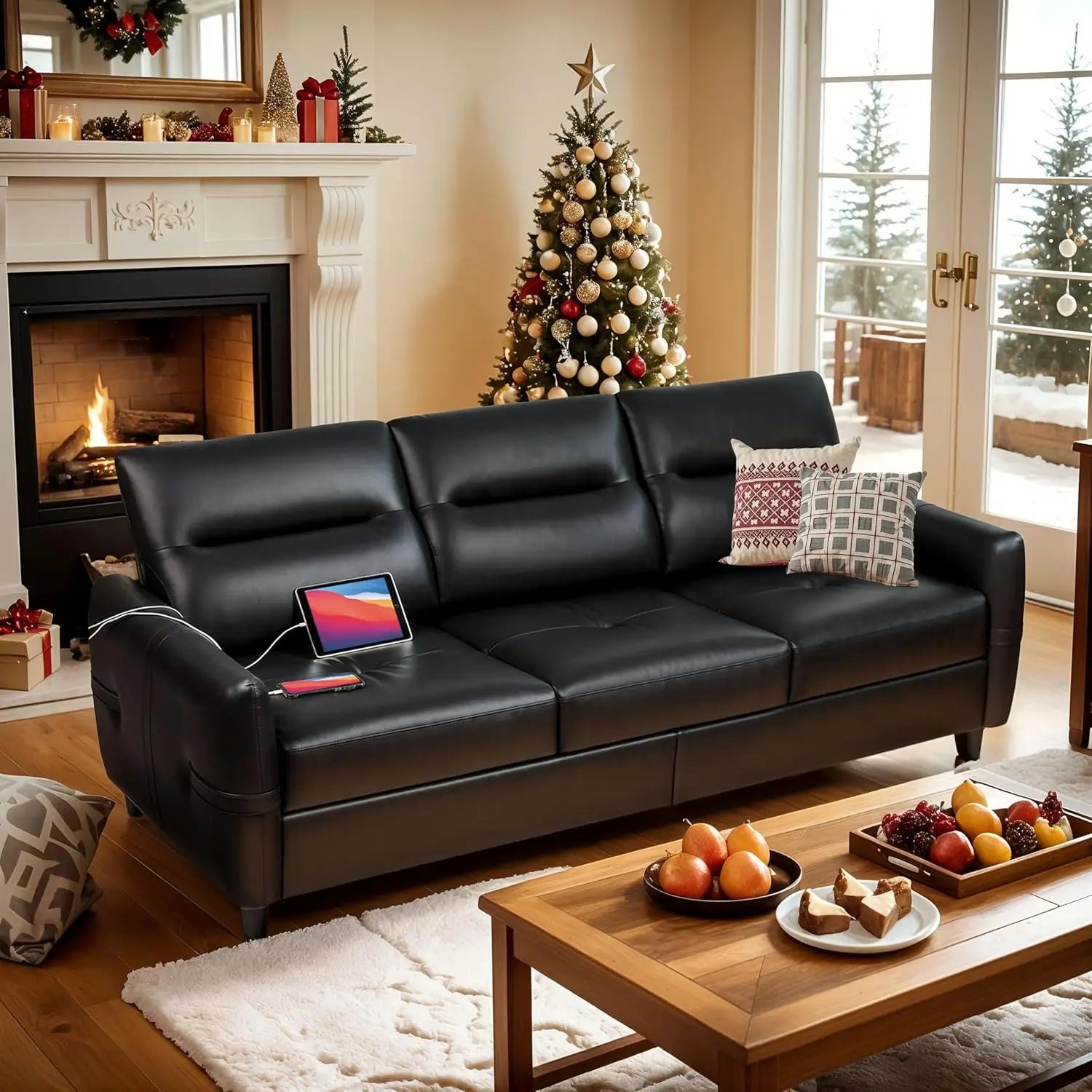 85” Black Faux Leather Couch with USB, 3 Seater Sofa Couches for Living Room, Large Mid Century Modern Office Apartment Couch (B Main image