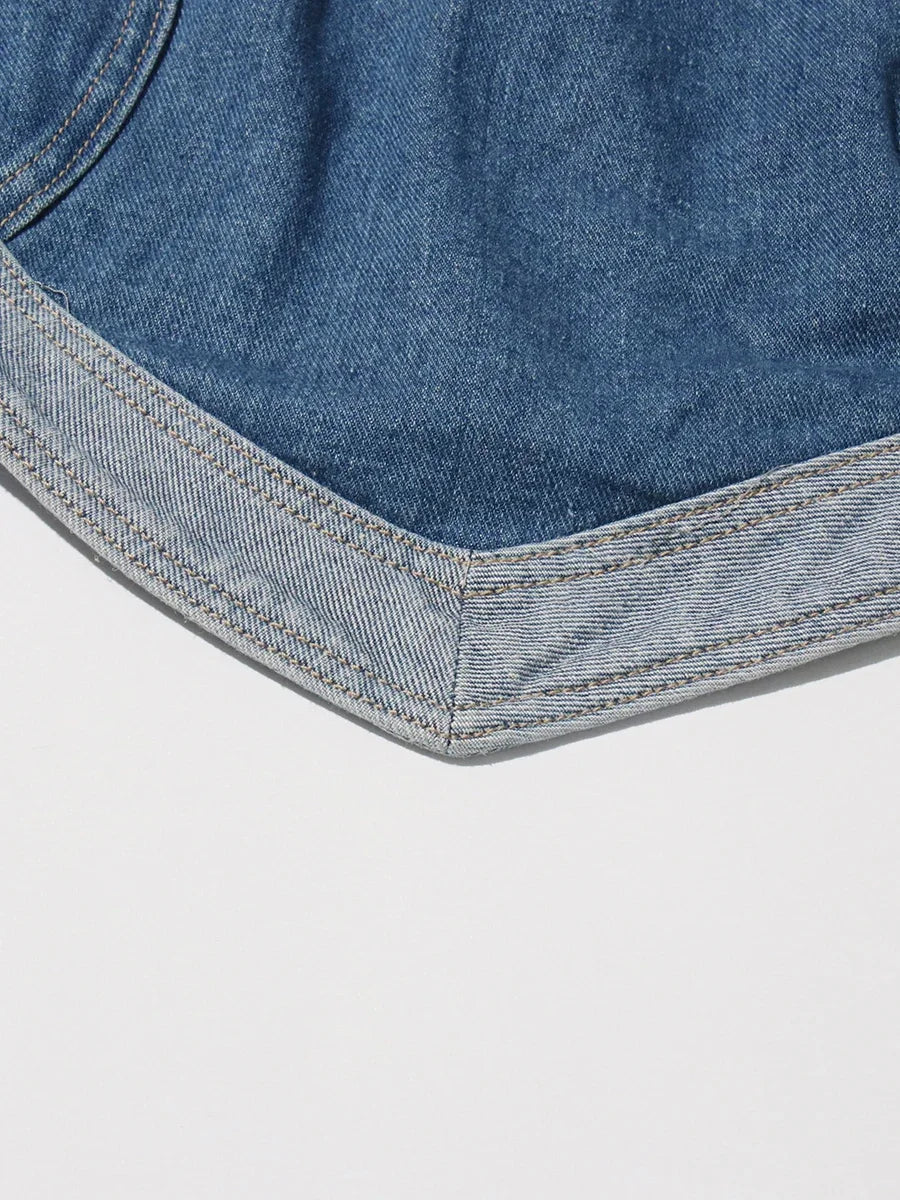 TWOTWINSTYLE Soild Two Piece Sets for Women Straplelss Sleeveless Vest High Wiast Patchwork Hollow Out Jeans Elegant Set Female