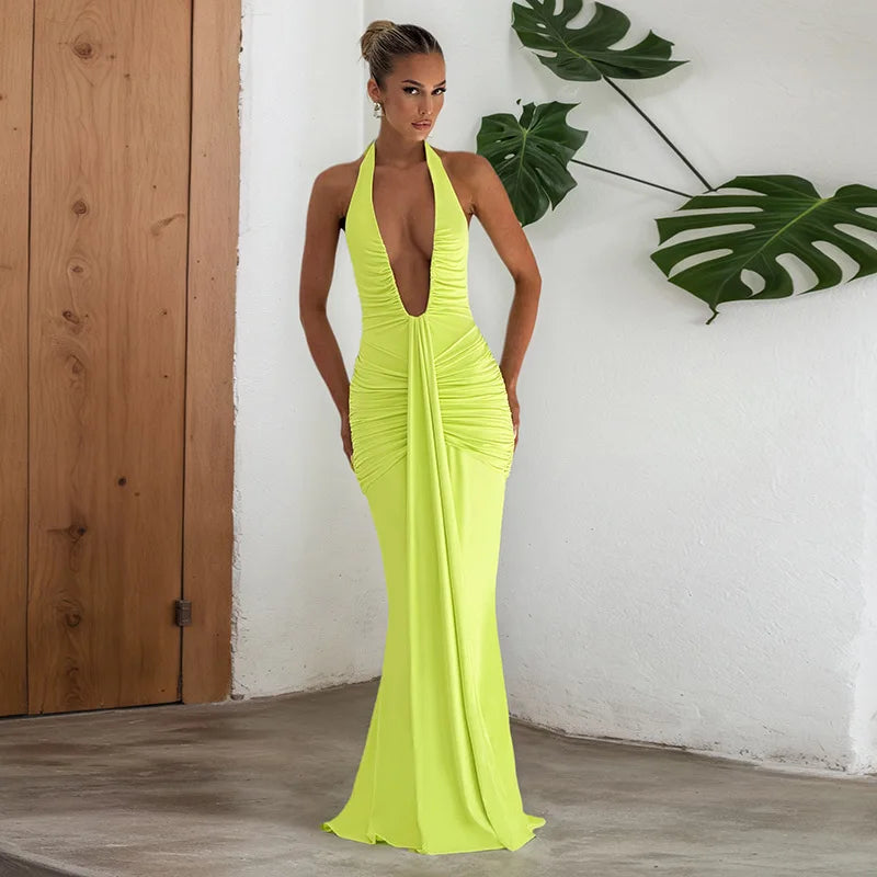 Sexy Deep V-neck Backless Halter Maxi Dresses Women's Sleeveless High Waist Bodycon Pleated Robe 2026 New Evening Party Gown Main image