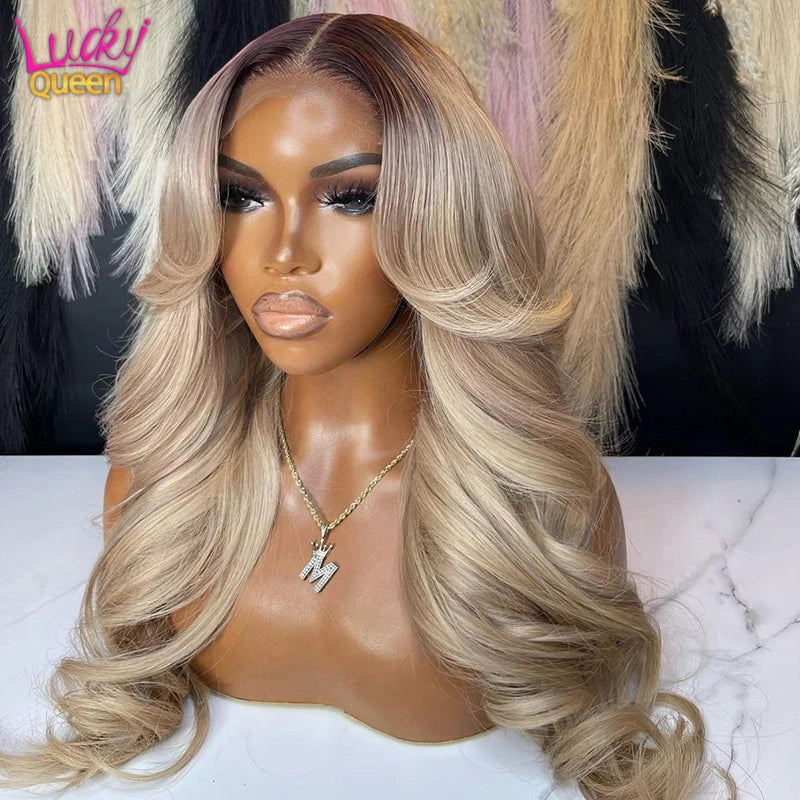 13X6 Ombre Blonde Colored Frontal Wig Human Hair for Women Transparent 13X6 Lace Front Human Hair Wig with Dark Root Pre Plucked Secondary image