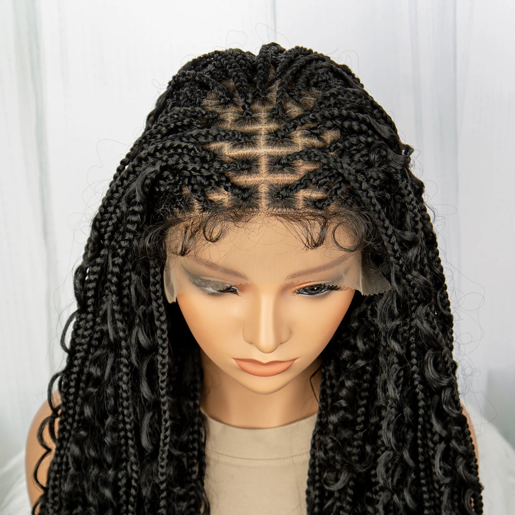 32inch Synthetic Boho Knotless Braided Wigs for Black Women Bohemian Box Braids Wigs Lace Front Braided Lace Wigs with Baby Hair
