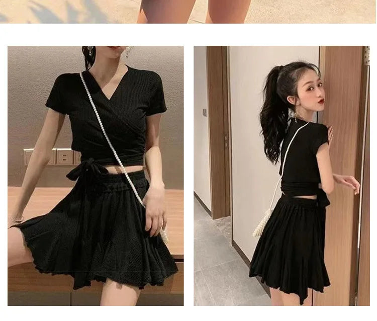 Women'sSwim Set Ribbed V Neck Wrap Crop Top With Tie Waist And Ruffled Flared Skirt Cover Up Modest Summer Bathing Suit Swimwear
